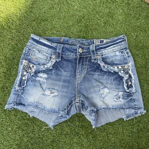 Miss Me Shorts 26 Distressed‎ Denim Rhinestone Mid Rise Shorts Jean USA Bling